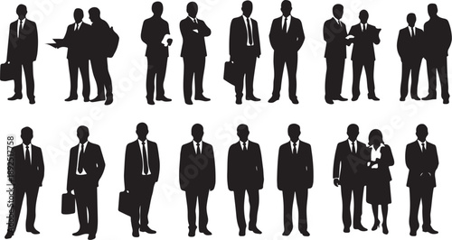 Silhouettes of business people in various professional poses and settings
