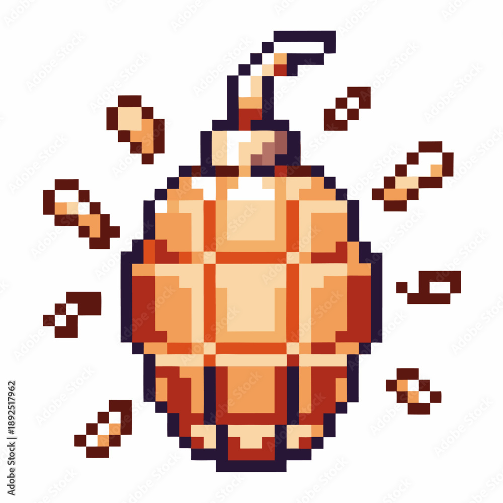 Naklejka premium Pixel art grenade with explosion sparks retro 8 bit weapon design, digital game element with dynamic effects