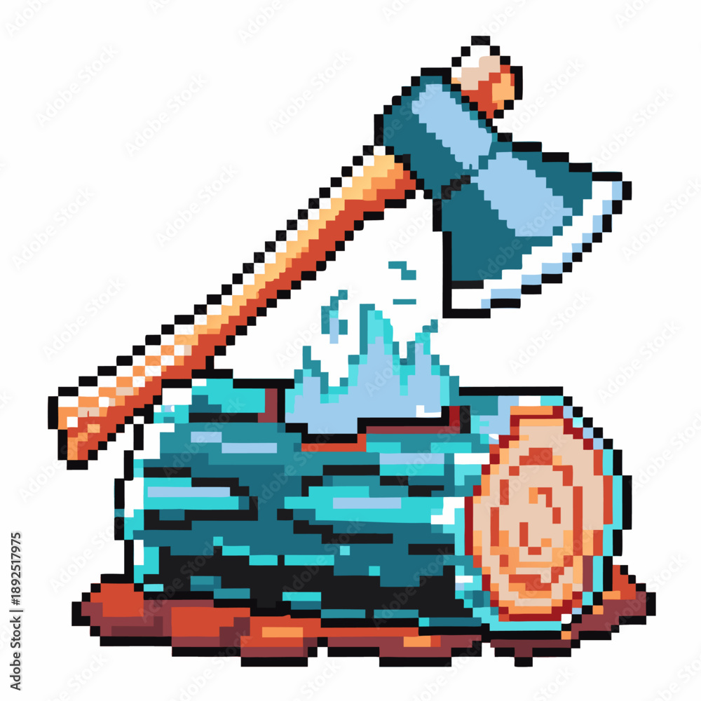 Obraz premium Pixel art axe chopping wood log cutting firewood with sparks and detailed wooden texture