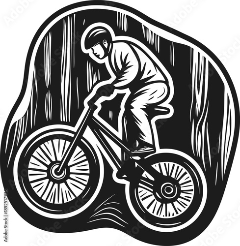 Mountain biker in helmet riding downhill on rugged trail extreme cycling sport, adventure, outdoor recreation, active lifestyle illustration