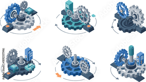 Isometric Gear Mechanism Illustration Set Showing Industrial Automation, Workflow Processes, Engineering Systems, and Mechanical Operation Concepts for Technology Design