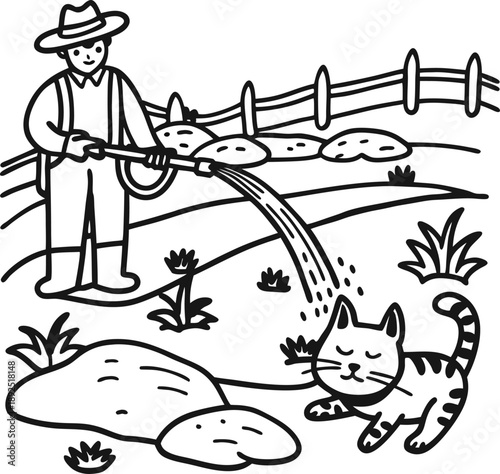 Farmer watering plants in garden with cat walking nearby and wooden fence in background, rural outdoor scene