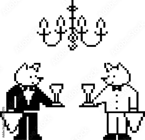 Pixel art of two anthropomorphic pigs in formal waiter uniforms holding trays and wine glasses under chandelier