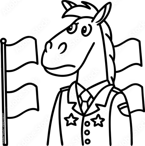 Horse officer in uniform with military insignia standing beside flags, animal character design