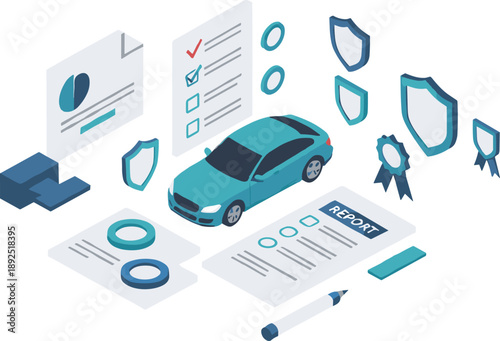 Isometric Car Insurance and Vehicle Protection Illustration Featuring Policy Documents, Safety Shields, Claims Reports, and Secure Automotive Coverage Concepts