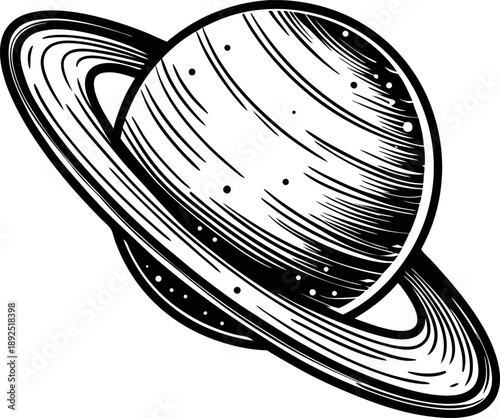 Saturn planet illustration with rings black and white space design depicting gas giant with orbiting rings and surface texture details
