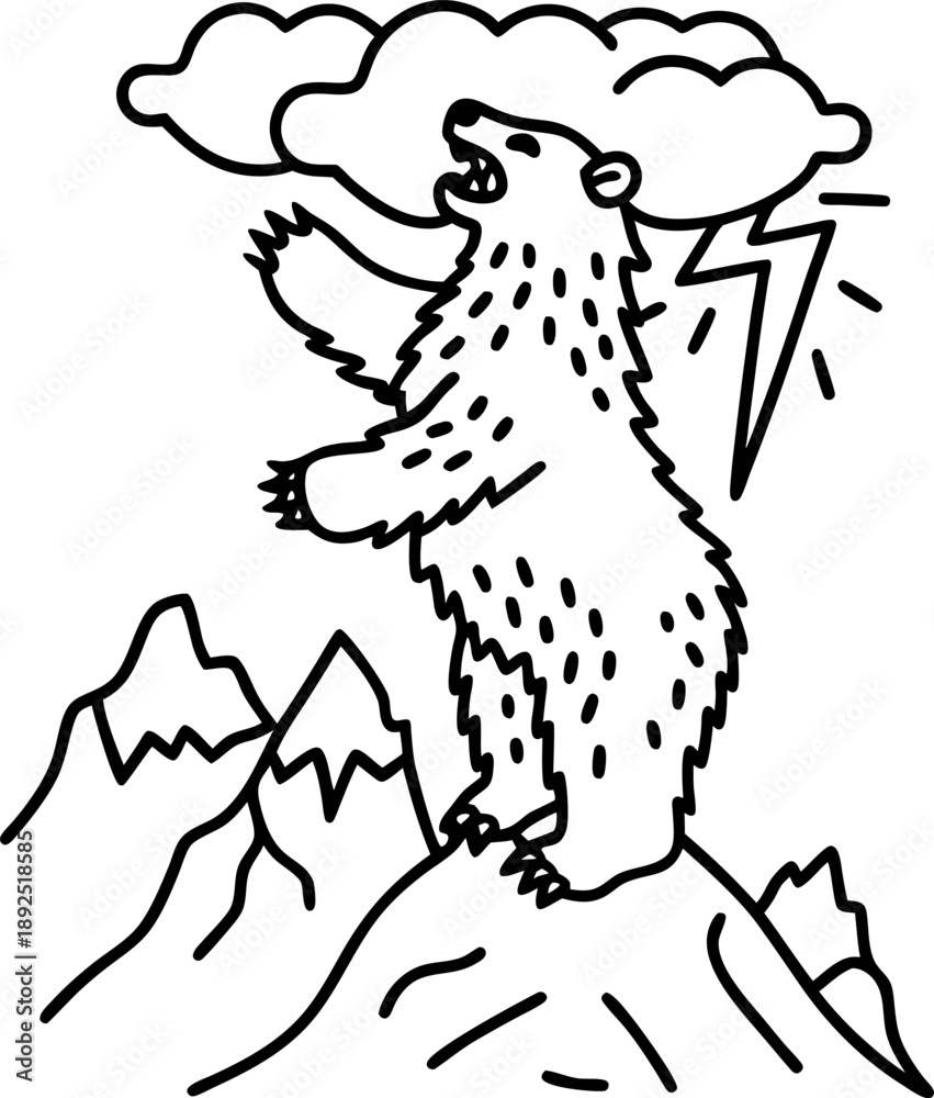 Fototapeta premium Bear standing on mountain peak roaring with storm clouds and lightning in background