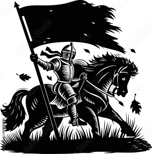 Medieval knight in armor riding armored horse holding a large flag with flowing banner