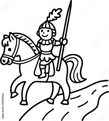 Medieval knight riding horse with lance and feathered helmet, warrior in armor crossing river