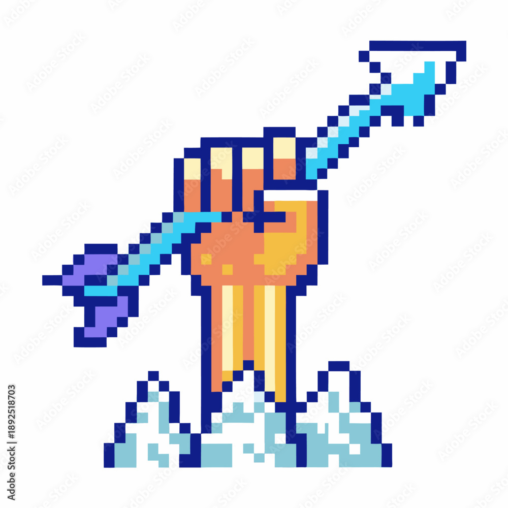 Obraz premium Pixel art hand holding arrow pointing upward with mountain base symbolizing growth and achievement