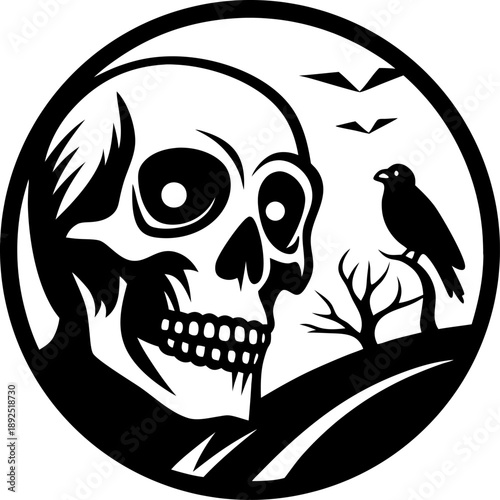 Skull with crow perched on branch in eerie landscape, spooky halloween tattoo design