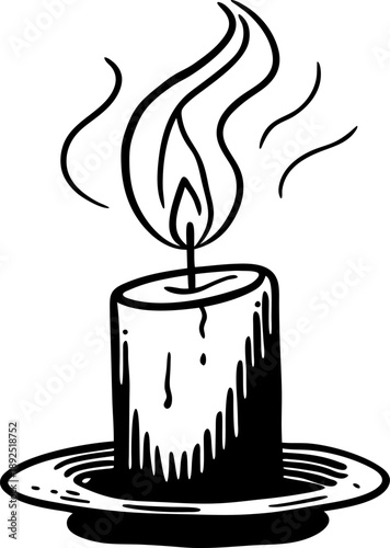 burning candle with flame and smoke on a round holder simple hand drawn illustration of candlelight and gentle burning wax