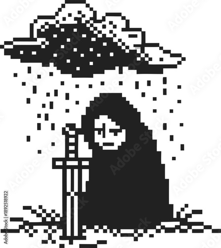 Pixel art of a cloaked figure holding a sword under a cloud raining on them, retro dark illustration