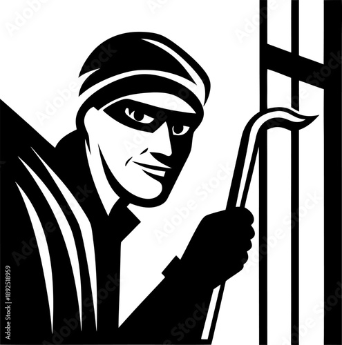 Burglar wearing mask and cap, holding crowbar, breaking into building window at night