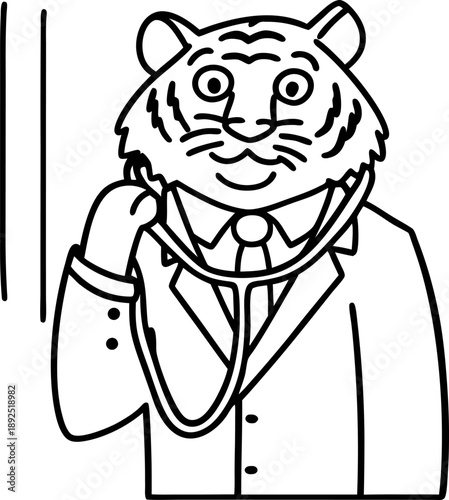 Anthropomorphic tiger character dressed as a doctor with a stethoscope in a suit