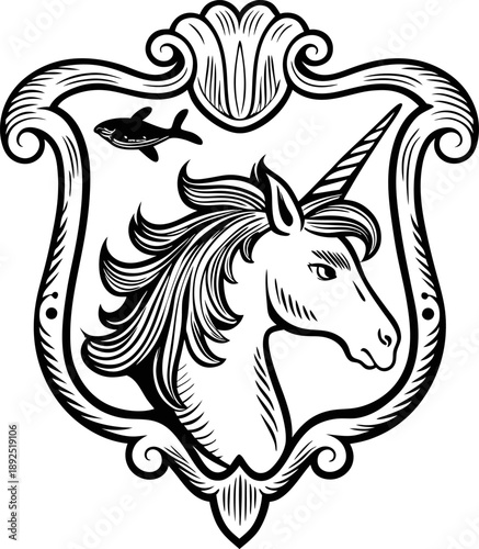 Heraldic unicorn emblem in vintage decorative frame with fish symbol, classic medieval fantasy crest design