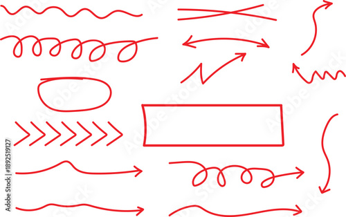 Collection of hand drawn red arrows and squiggles on white background for design and illustration