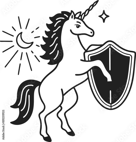 Unicorn standing with shield, crescent moon, and star, mythical fantasy creature emblem