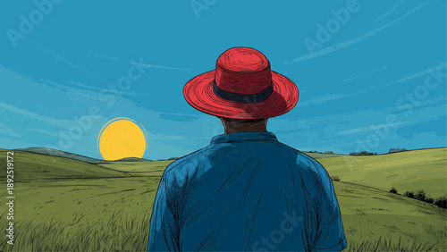 Man wearing red hat looks at sunset over green rolling hills