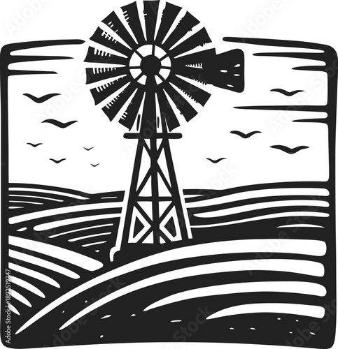 windmill on rural farmland with rolling hills and flying birds in rustic countryside landscape