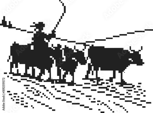 Pixelated silhouette of a cowboy herding cattle with a lasso in a rural landscape