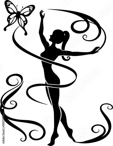 Graceful female ballet dancer silhouette with ribbon swirling around and butterfly in elegant dance pose