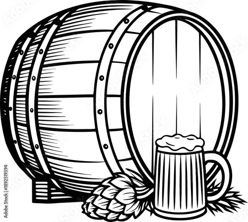 Wooden barrel with beer mug and hop cones illustration craft beer brewing equipment design with rustic barrel, foam, and hop plant