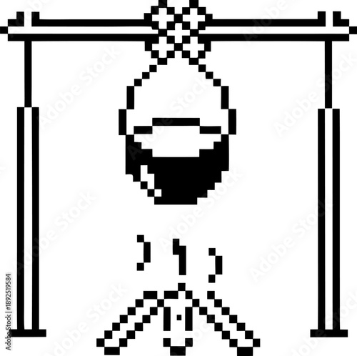 Pixel art campfire cooking scene with pot hanging over fire, outdoor camping and survival illustration