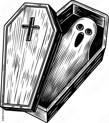 Ghost emerging from open coffin with cross on lid, spooky supernatural halloween illustration
