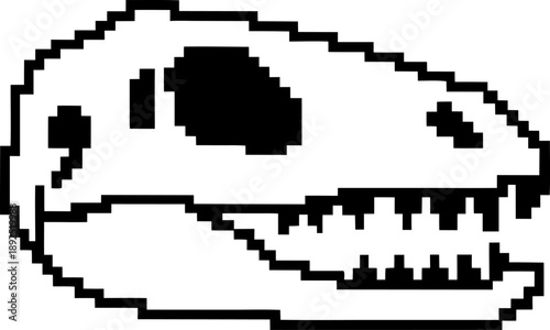 Pixel art dinosaur skull illustration with large eye socket and sharp teeth detailed outline design