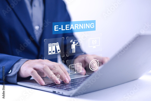 
The concept of e-learning, displayed against a white background, encompasses online education, virtual classrooms, knowledge sharing, and educational platforms.
