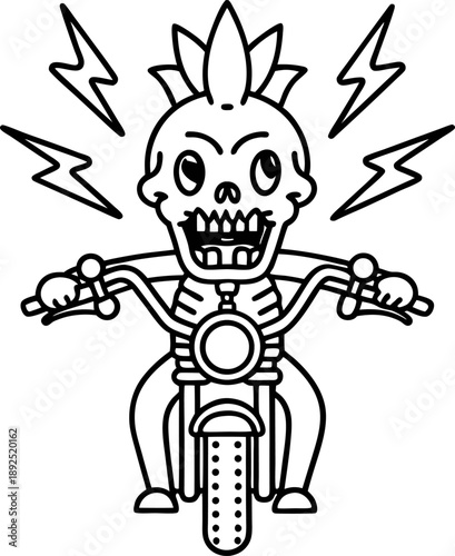 Skeleton biker with mohawk riding motorcycle, character with lightning bolts, edgy motorcycle rider illustration