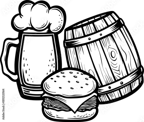 Beer mug with foam, wooden barrel, and cheeseburger illustration classic pub food and drink concept