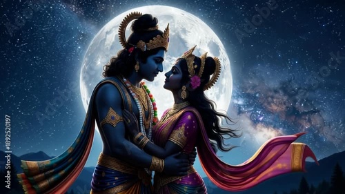 Silhouette of Lord Krishna and Radha standing together in love under starry night sky with glowing full moon, divine hindu mythology spiritual concept.