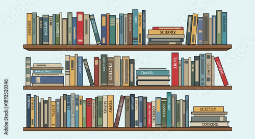 Colorful Books on Wooden Bookshelves.