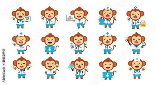 Monkey Cartoon Doctors with Medical Tools and Accessories