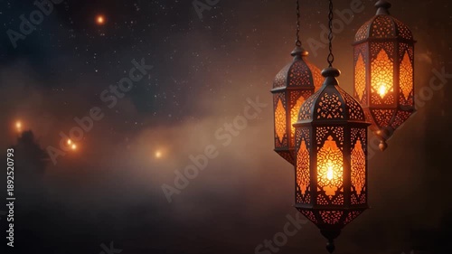 Traditional Arabic Lanterns Hanging with Warm Glow and Copy Space