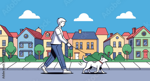 Man Walking Dog on Leash in Suburb.
