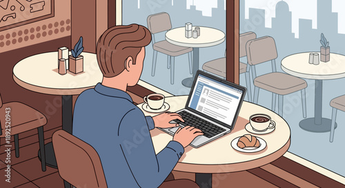 Man Working on Laptop at Coffee Shop.