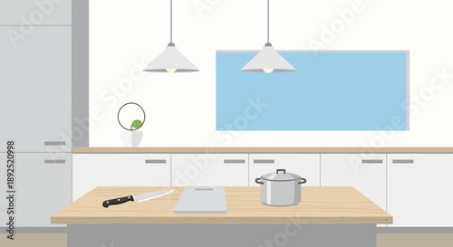 Modern Kitchen Countertop with Pots Pans Utensils.