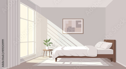 Modern Bed with White Linens and Pillows.