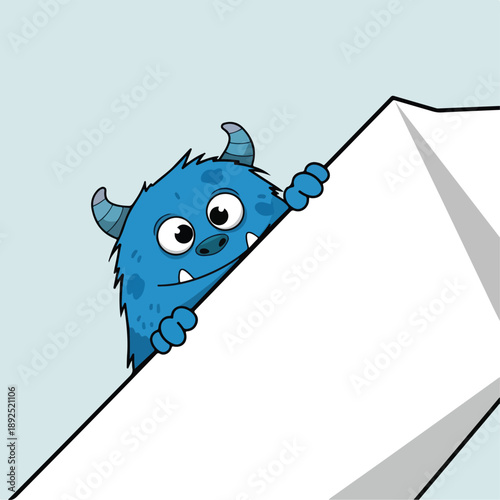 Cute blue monster peeking from behind a black object, illustration
