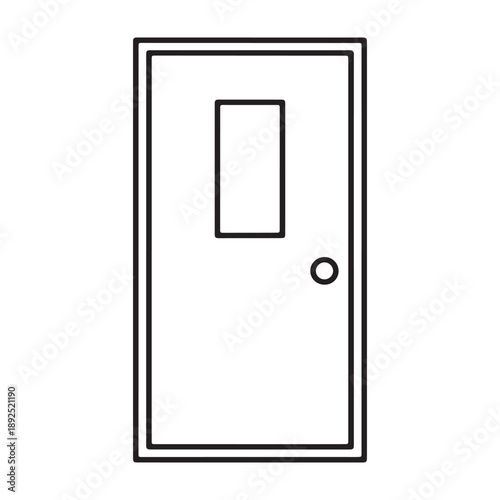 A simple line drawing of a closed door with a small window vector outline icon use as a symbol, web graphic design, and infographic icon
