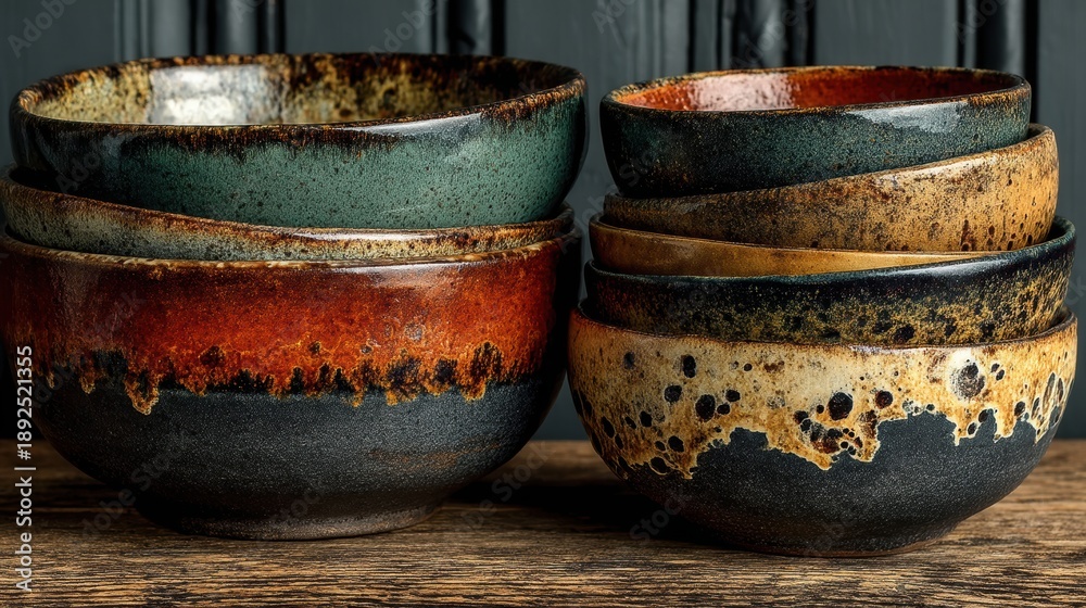 Fototapeta premium Handcrafted Ceramic Bowls on Oak Table for Interior Design Website Background Earthy Pottery Kitchenware Hospitality Branding