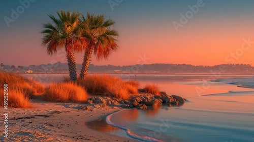 Palm trees stand elegantly on a tranquil beach, illuminated by the warm hues of a sunset. gentle waves reflect the vibrant sky, creating a serene atmosphere ideal for travel, relaxation, or nature-the