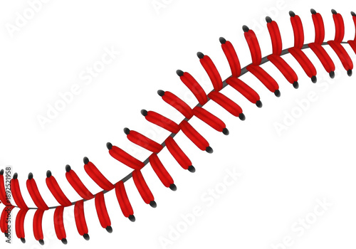 Vibrant red baseball seam stitching, thick and wavy, on a smooth white implied baseball fragment, isolated on a transparent background with copy space, suggesting motion and speed. Concept of