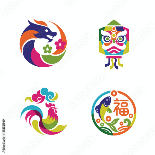 Chinese Zodiac Animals and Symbols - Dragon, Rooster, Lion, Fish