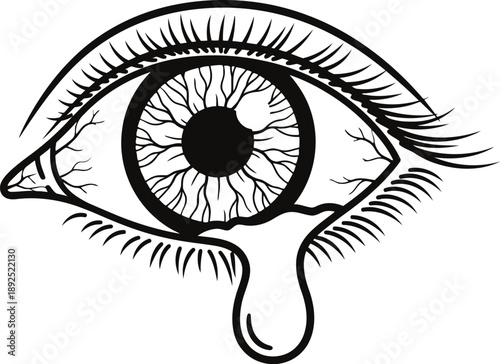 Crying eye with red veins and tear drop