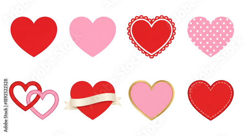 Red and pink heart set including lace, polka dot, ribbon, interlocking, and gold rimmed variants isolated. Valentines day and romantic decoration collection.