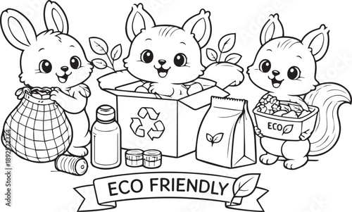 Black and white coloring page for kids: cute woodland animals with eco-friendly packaging. Large, simple details for toddlers to color, promoting sustainability, recycling, and environmental awareness